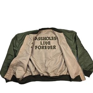A$$holes Live Forever Adult‎ 2XL Reversible Bomber Jacket Tan Olive Green